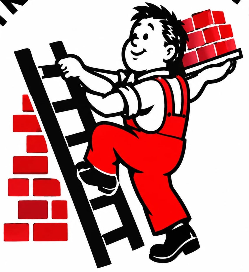 Cartoon builder climbing a ladder with a tray of bricks